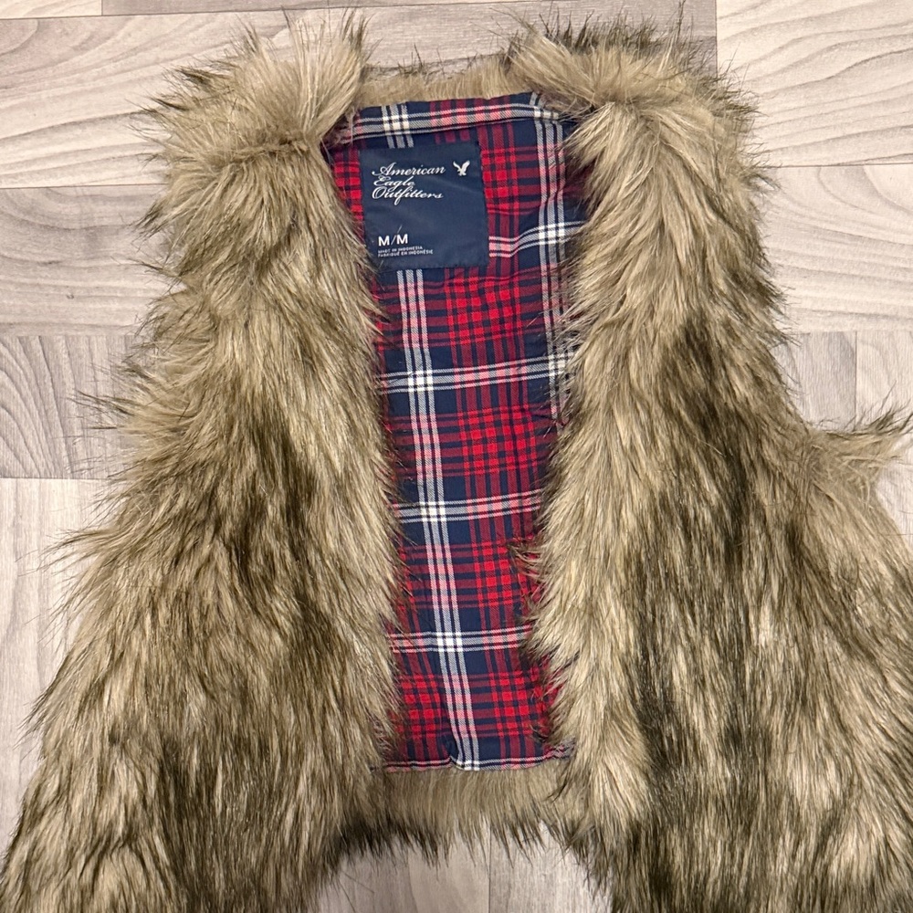 American Eagle Outfitters Faux Fur Vest with Red Plaid Lining